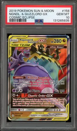 Pokemon Naganadel & Guzzlord GX Cosmic Eclipse Holo Ultra Rare #158 PSA 10 - Image 1