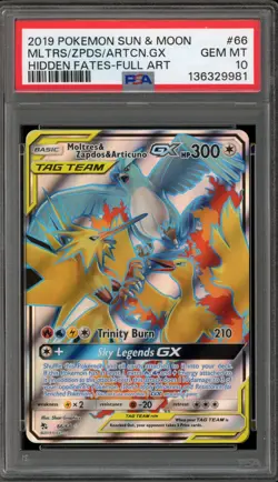 Pokemon Moltres & Zapdos & Articuno GX Hidden Fates Full Art #66 PSA 10 - Image 1