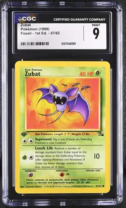 CGC MINT 9 Pokemon Zubat 57/62 1999 Fossil 1st Edition - Image 1