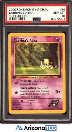 Pokemon 2000 Sabrina's Abra 94/132 1st Edition Gym Challenge GEM MINT PSA 10 - Image 1