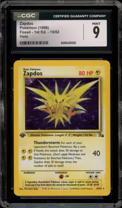 Pokemon Zapdos Fossil 1st Edition Holo Rare #15 CGC 9 Mint - Image 1