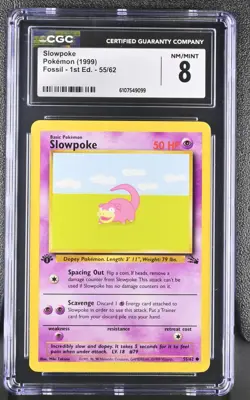 CGC NEAR MINT 8 Pokemon Slowpoke 55/62 1999 Fossil 1st Edition - Image 1