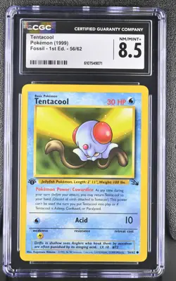 CGC MINT+ 8.5 Pokemon Tentacool 56/62 1999 Fossil 1st Edition - Image 1