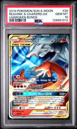2019 POKEMON SUN & MOON UNBROKEN BONDS #20 RESHIRAM & CHARIZARD GX PSA 10 - Image 1
