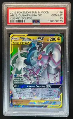 2019 Pokemon Cosmic Eclipse Arceus Dialga Palkia Tag Team Holo #156/236 PSA 10 - Image 1