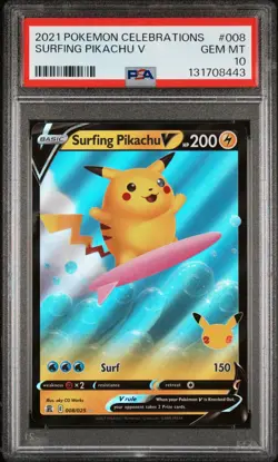 2021 POKEMON CELEBRATIONS #008/025 SURFING PIKACHU V PSA 10 - Image 1
