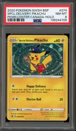 Pokemon Special Delivery Pikachu P.M. Center Canada Holo Promo SWSH074 PSA 8 - Image 1