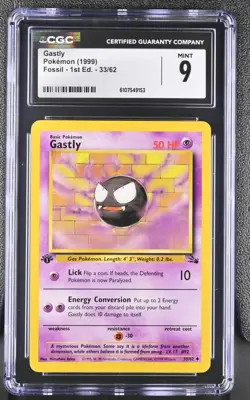 CGC MINT 9 Pokemon Gastly 33/62 1999 Fossil 1st Edition - Image 1
