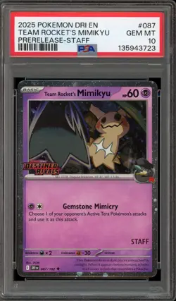 Pokemon Team Rocket's Mimikyu STAFF Destined Rivals Prerelease Promo #087 PSA 10 - Image 1