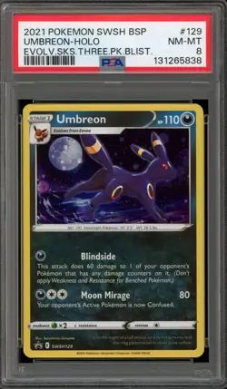 Pokemon Umbreon Evolving Skies 3 Pk. Blister Holo Promo SWSH129 PSA 8 - Image 1