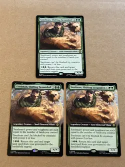 3 x mtg Sandman, Shifting Scoundrel, 2 are borderless, Spiderman set, unplayed - Image 1