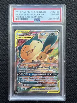 2019 POKEMON SM BLACK STAR PROMO TAG TEAM TINS FULL ART/EEVEE & SNORLAX GX PSA 8 - Image 1