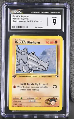CGC MINT 9 Pokemon Brock's Rhyhorn 70/132 2000 Gym Heroes 1st Edition - Image 1