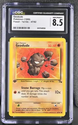 CGC MINT+ 8.5 Pokemon Geodude 47/62 1999 Fossil 1st Edition - Image 1