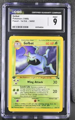 CGC MINT 9 Pokemon Golbat 34/62 1999 Fossil 1st Edition - Image 1