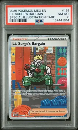 2025 POKEMON MEGA EVOLUTION SPECIAL ILLUSTRATION RARE LT. SURGE'S BARGAIN PSA 8 - Image 1