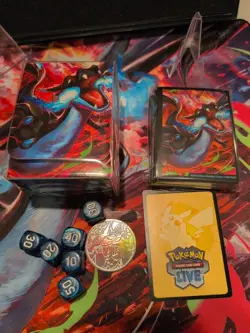 Pokemon Phantasmal Flames Mega Charizard X UPC Coin, Card Sleeves Deck, Dice - Image 1