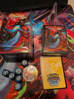 Pokemon Phantasmal Flames Mega Charizard X UPC Coin, Card Sleeves Deck, Dice - Image 2