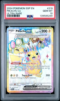 2024 POKEMON SSP EN-SURGING SPARKS ULTRA RARE #219 PIKACHU EX PSA 10 - Image 1