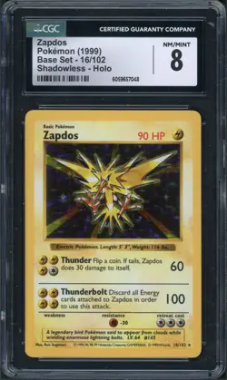 Pokemon CGC 8 NM/MINT Shadowless Base Holo Zapdos 16/102 - Image 1