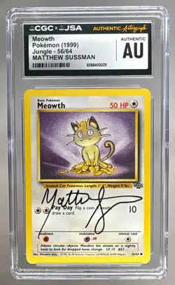 0029 Matthew Sussman 1999 Pokemon Jungle Meowth VA On Card Auto CGC AUTH - Image 1