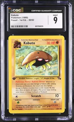 CGC MINT 9 Pokemon Kabuto 50/62 1999 Fossil 1st Edition - Image 1