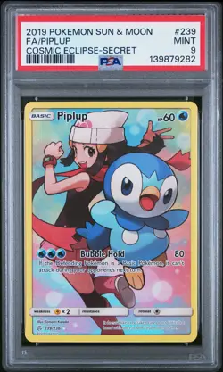 2019 POKEMON SUN & MOON COSMIC ECLIPSE SECRET #239 FULL ART/PIPLUP PSA 9 - Image 1