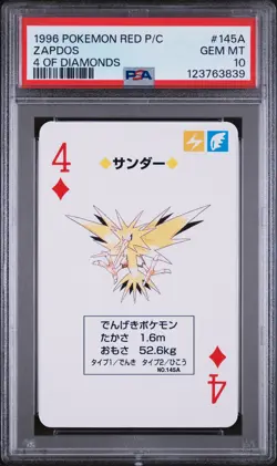 1996 POKEMON RED VERSION PLAYING CARDS 4 OF DIAMONDS #145A ZAPDOS PSA 10 - Image 1
