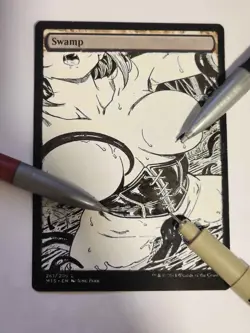 Hand Painted Altered Art Mtg land card Anime girl Swamp - Image 1