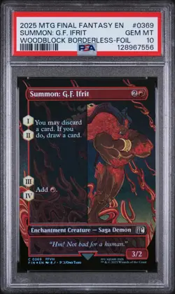 PSA 10 SUMMON: G.F. IFRIT WOODBLOCK BORDERLESS FOIL #0369 2025 MTG FINAL FANTASY - Image 1