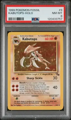 1999 POKEMON FOSSIL #9 KABUTOPS-HOLO PSA 8 - Image 1