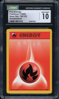 Pokemon CGC 10 Gem Mint Shadowless Base Common Fire Energy 98/102 - Image 1