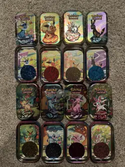 (8) Prismatic Evolutions Mini Tins FULL set, Art Card + Coin NO CARDS Empty - Image 1