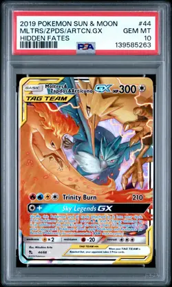 2019 POKEMON SUN & MOON HIDDEN FATES #44 MOLTRES & ZAPDOS & ARTICUNO GX PSA 10 - Image 1