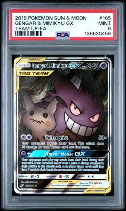 2019 POKEMON SUN & MOON TEAM UP #165 GENGAR & MIMIKYU GX TEAM UP FA PSA 9 - Image 1