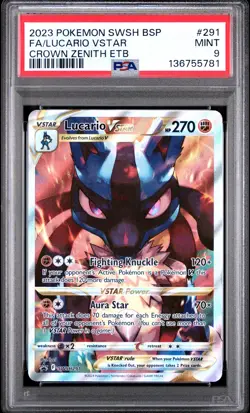 2023 POKEMON SWSH CROWN ZENITH ETB PROMO #291 FULL ART/LUCARIO VSTAR PSA 9 - Image 1