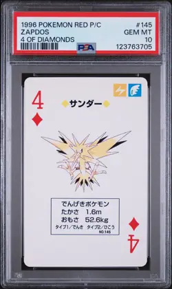 1996 POKEMON RED VERSION PLAYING CARDS 4 OF DIAMONDS #145 ZAPDOS PSA 10 - Image 1