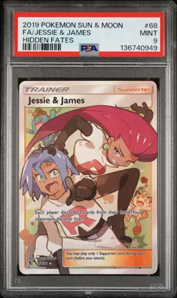 2019 POKEMON SUN & MOON HIDDEN FATES #68 FULL ART/JESSIE & JAMES PSA 9 - Image 1
