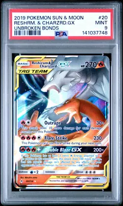 2019 POKEMON SUN & MOON UNBROKEN BONDS #20 RESHIRAM & CHARIZARD GX PSA 9 - Image 1