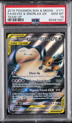 2019 POKEMON SUN & MOON TEAM UP #171 FULL ART/EEVEE & SNORLAX GX PSA 10 - Image 1