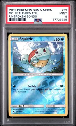 2019 pokemon sun and moon squirtle reverse foil unbroken bonds psa 9 - Image 1
