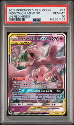 2019 POKEMON SUN & MOON UNIFIED MINDS #71 MEWTWO & MEW GX PSA 10 - Image 1
