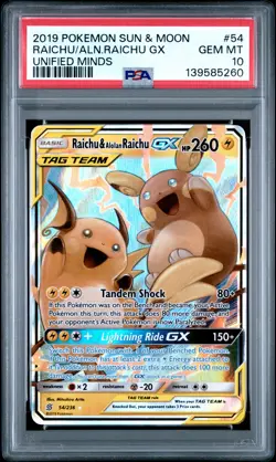 2019 POKEMON SUN & MOON UNIFIED MINDS #54 RAICHU & ALOLAN RAICHU GX PSA 10 - Image 1