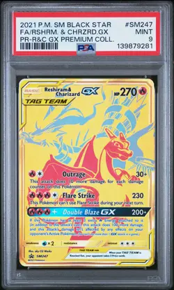 2021 POKEMON SM BLACK STAR PROMO #SM247 FULL ART/RESHIRAM & CHARIZARD GX PSA 9 - Image 1