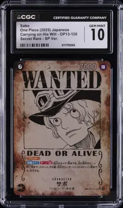 2025 ONE PIECE JPN CARRYING ON HIS WILL #OP13-120 SABO CGC 10 GEM MINT - Image 1