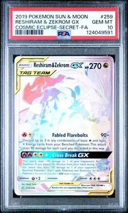2019 POKEMON SUN & MOON COSMIC ECLIPSE #259 FULL ART/RESHIRAM & ZEKROM GX PSA 10 - Image 1