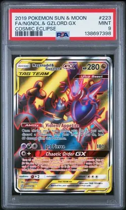 2019 POKEMON SUN & MOON COSMIC ECLIPSE 223 FULL ART/NAGANADEL & GUZZLORD GX PSA9 - Image 1