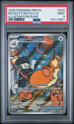 2025 POKEMON DESTINED RIVALS ILLUSTRATION RARE #202 TEAM ROCKET'S RATICATE PSA 9 - Image 1