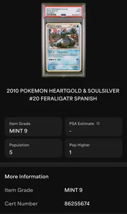 Feraligatr 2010 Pokemon Heartgold & Soulsilver Spanish #20 PSA 9 Non-Holo Pop 5 - Image 3