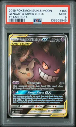 2019 POKEMON SUN & MOON TEAM UP #165 FULL ART/GENGAR & MIMIKYU GX PSA 9 - Image 1